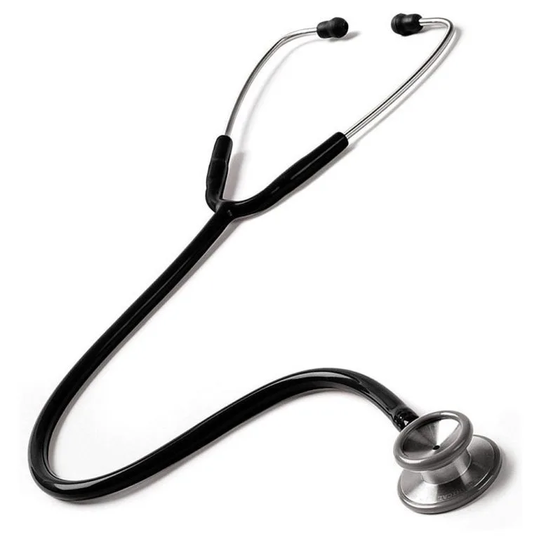 Stethoscope with black tubing and silver chest piece on a white background, a medical listening device used by clinicians.